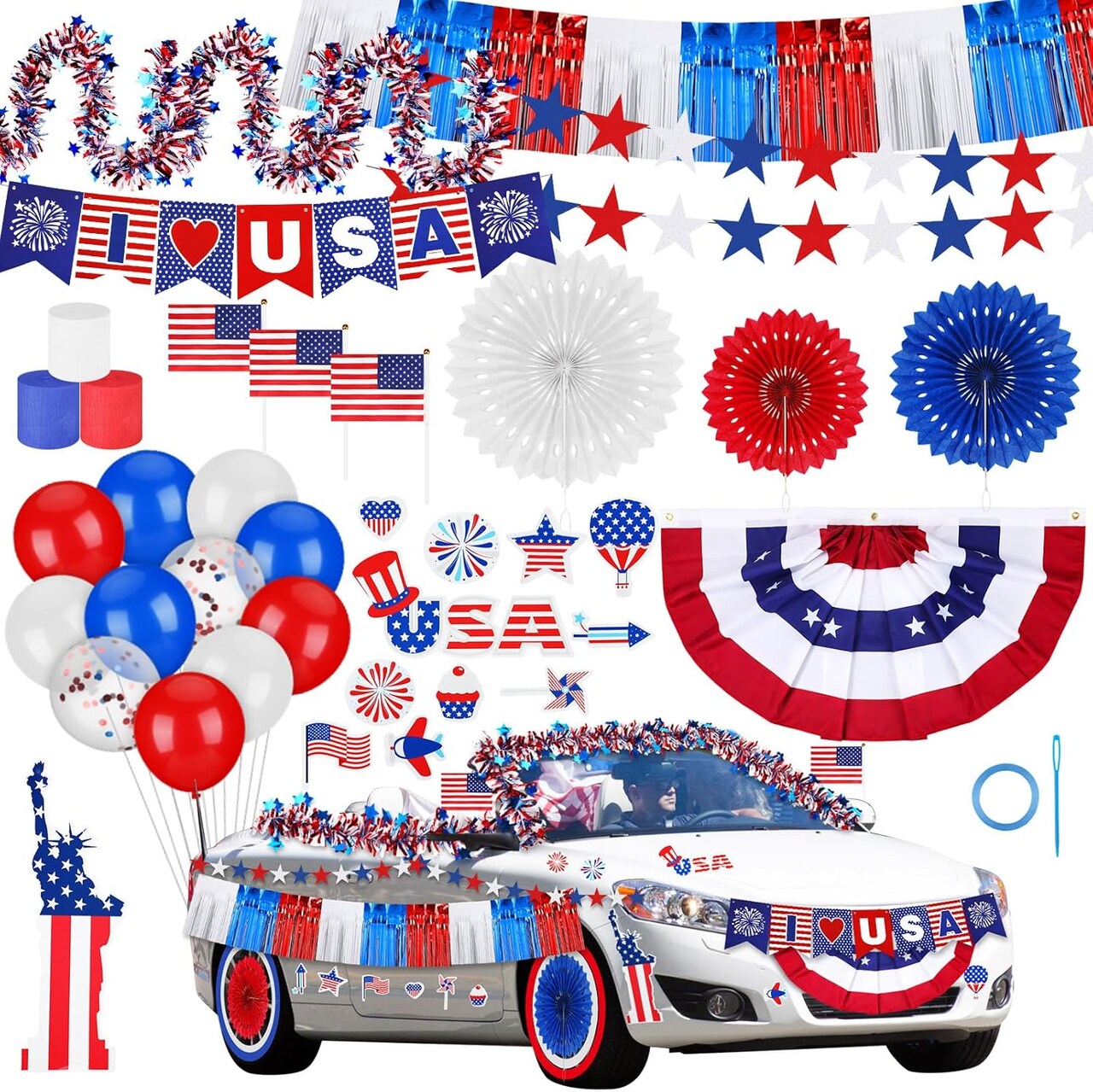 4th of July Golf Cart Decorations Kit Parade Patriotic Red White Blue Tinsel Garlands American Flag Crepe Paper Streamers Balloons Banners